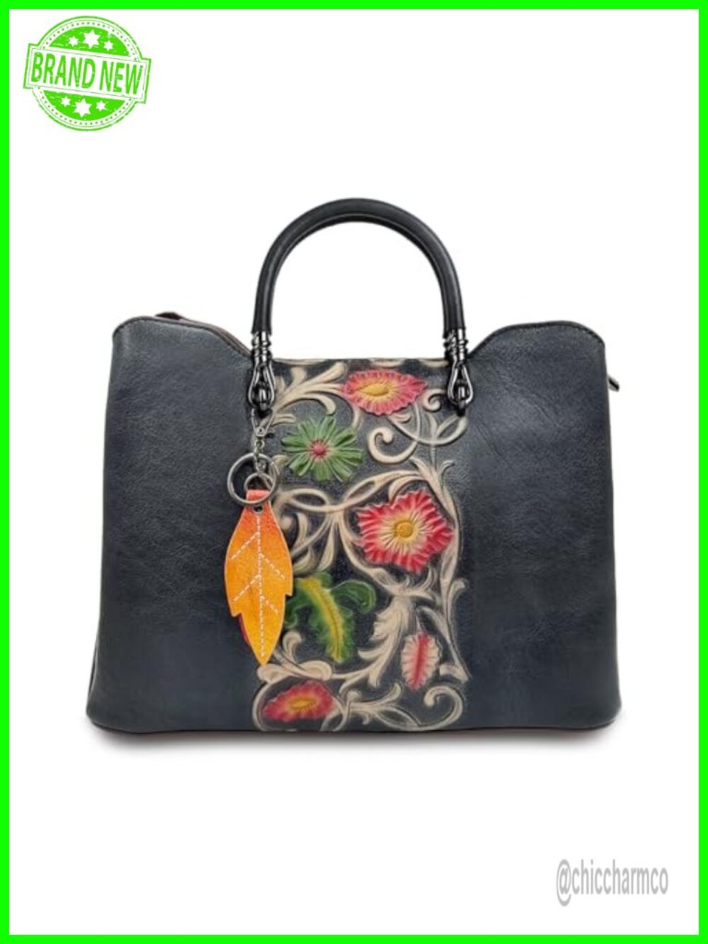 Genuine Cowhide Vintage Embossed Satchel Crossbody Handbag Floral Embossed